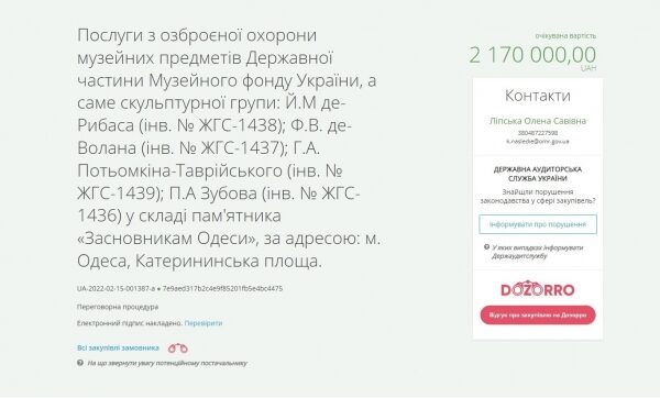 В 2022 году за охрану памятника основателям Одессы город будет платить 6 тысяч в день