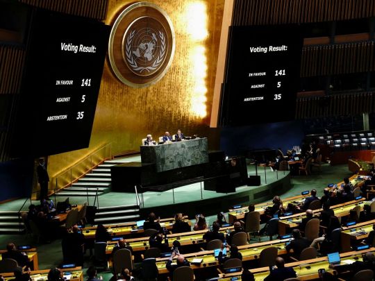 Генасамблея ООН визнала «спецоперацію» Росії вторгненням в Україну та вимагає від Москви негайно вивести війська